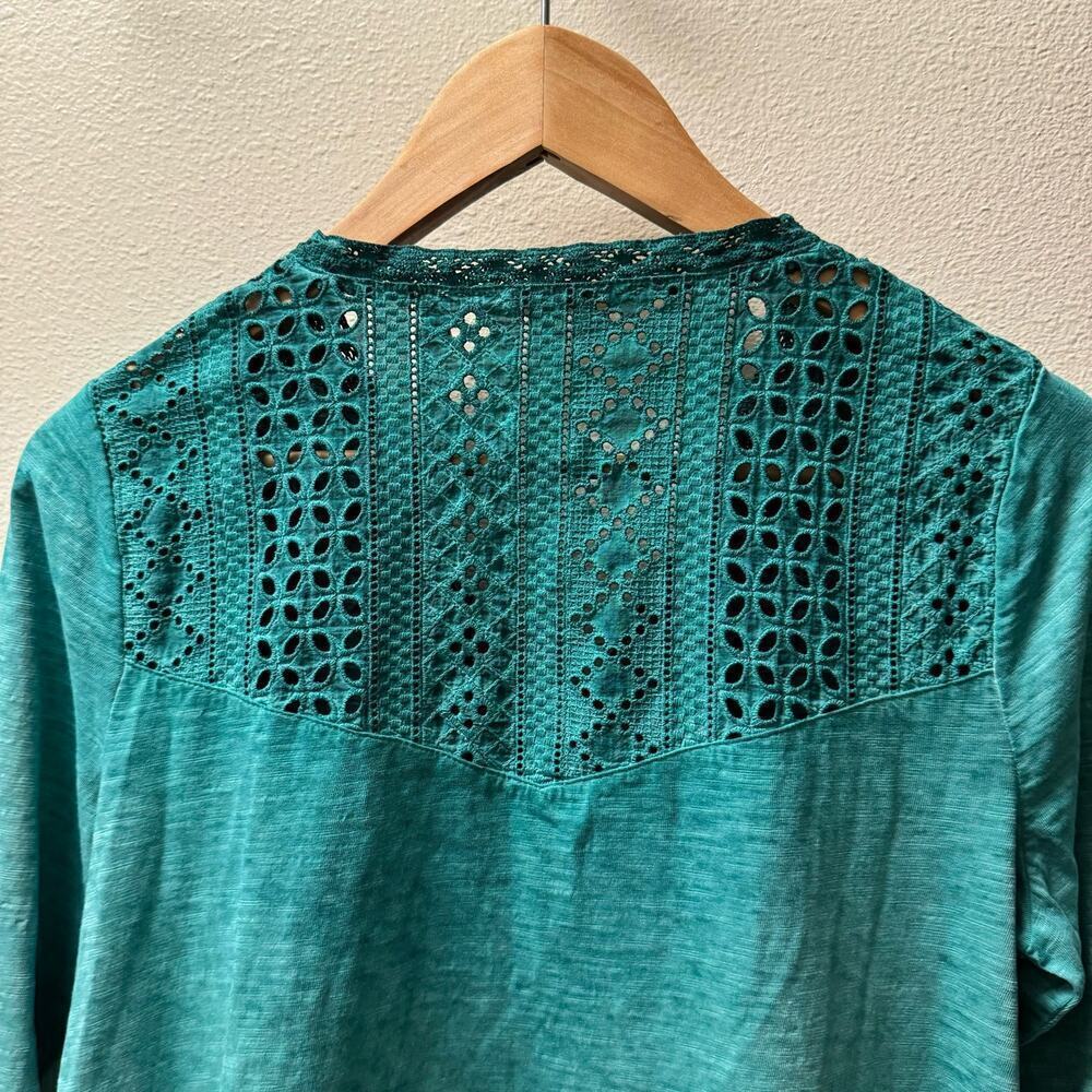 Soft Surroundings Teal Eyelet Knit Boho V-cut Quarter Sleeves Top Women's sz S - Picture 6 of 10
